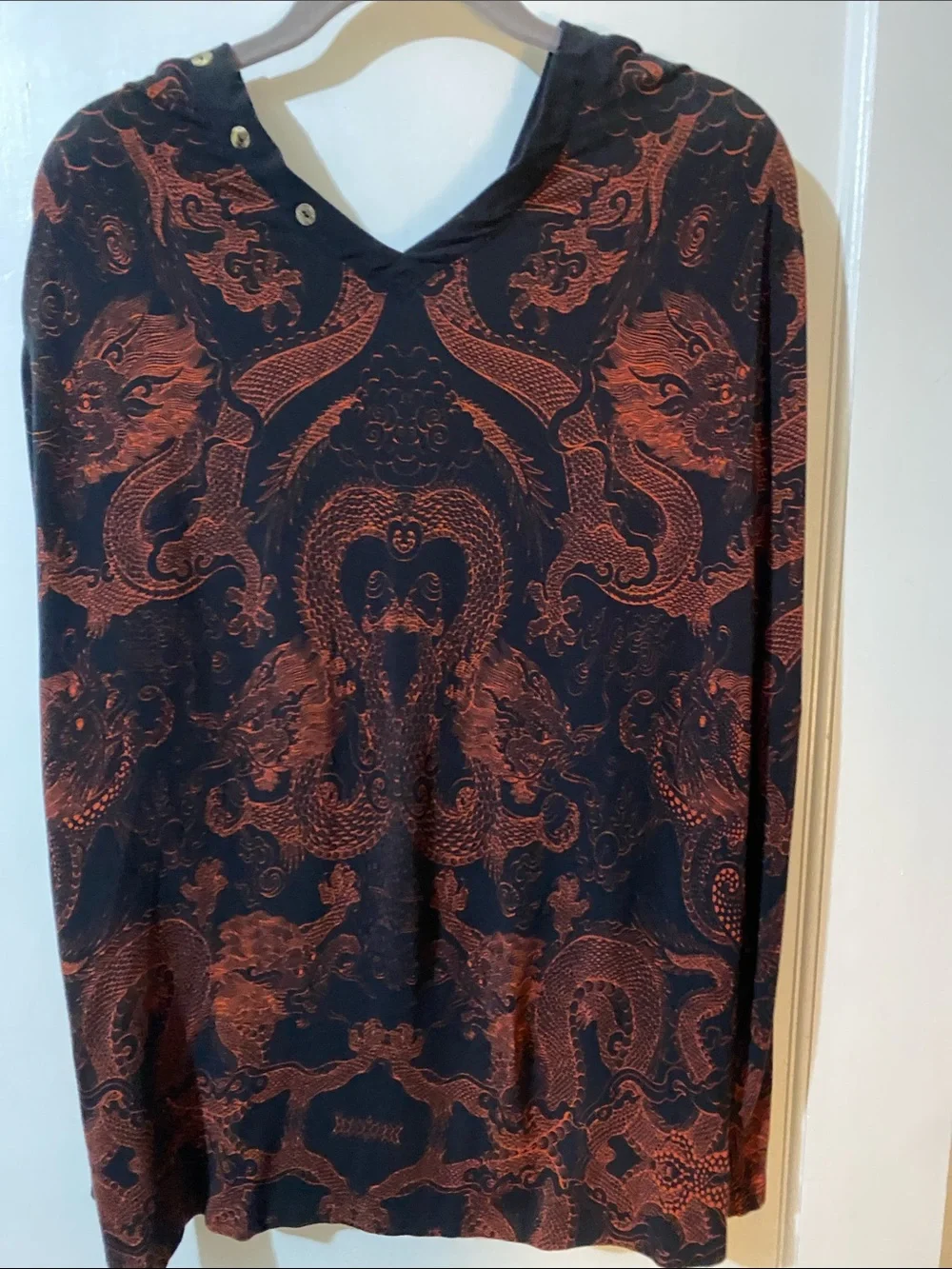 Johnny Was Black with Rust Dragon Print V-Neck Button Long Sleeve Top - Picture 5 of 7